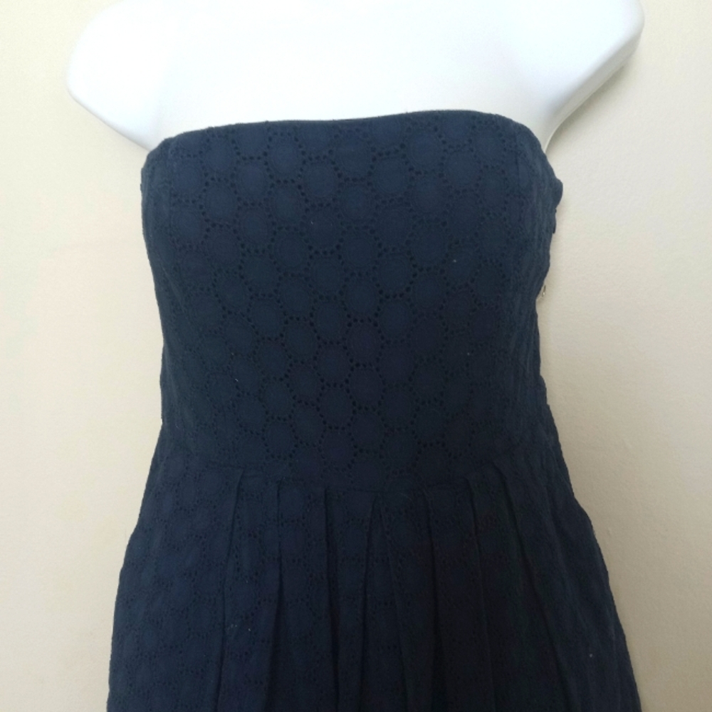 The GAP Navy Blue Strapless Above The Knee Fully Lined Geometric Eyelet Dress